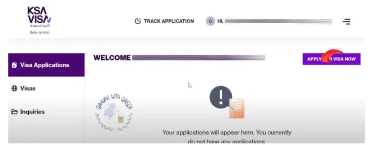 A screenshot of website of Saudi Arabia Official Visa Portal