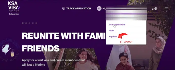 A screenshot of website of Saudi Arabia Official Visa Portal
